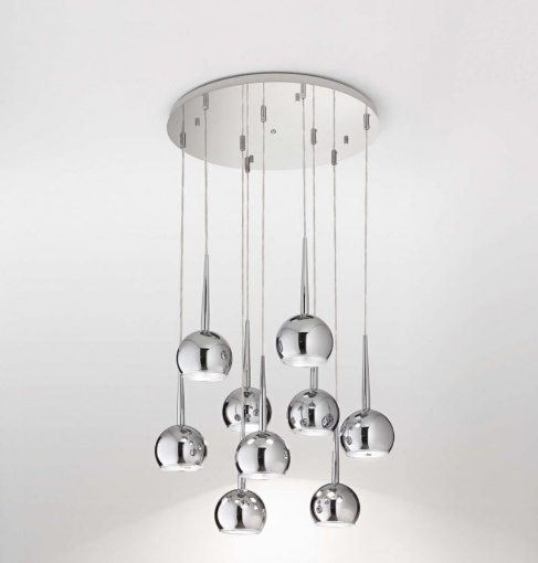 Immagine di Lampadario Rotondo Per Sala Pranzo Cascata Sfere Cromo 9 Luci E27 Bol Affralux