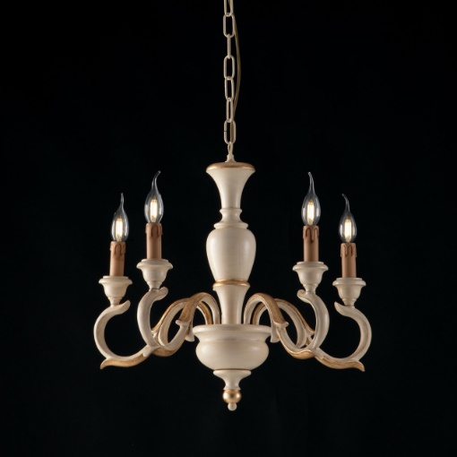 Immagine di Lampadario 5 Bracci Legno Avorio con Decori Foglia Oro Fiorenza Bonetti