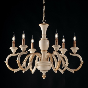Immagine di Lampadario 6 Bracci Legno Avorio Decori Foglia Oro Fiorenza Bonetti