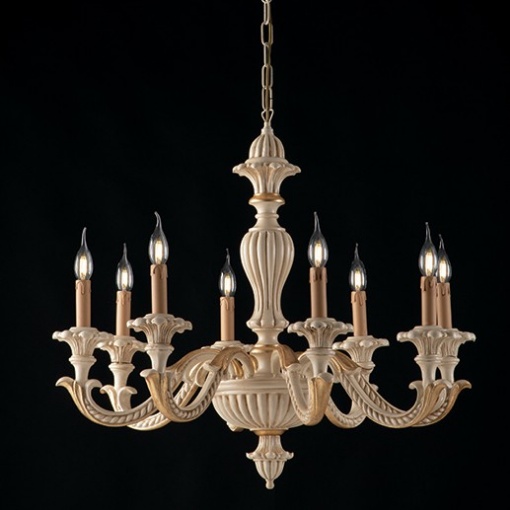 Immagine di Grande Lampadario 8 Bracci Legno Avorio e Decori Foglia Oro Leonardo Bonetti