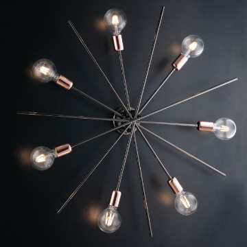 Immagine di Plafoniera Vintage Bacchette Metallo Cromo e Inserti Rame Bloom 7xE27 Bonetti