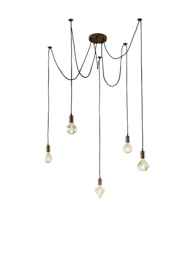Immagine di Sospensione Cord Ragno Rame Antico 5xE27 Con Decentramento Trio Lighting