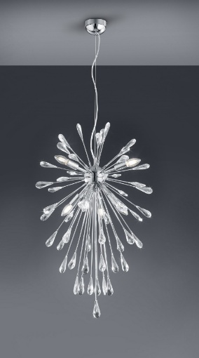 Immagine di Sospensione Fuochi d'Artificio 7xE14 Minsk Cromo con Gocce Cristallo Trio Lighting