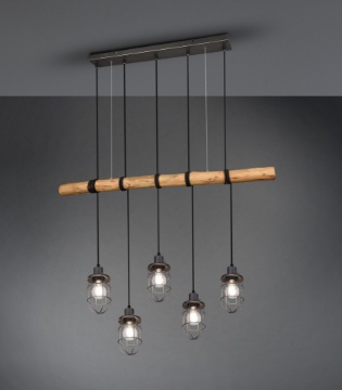 Immagine di Sospensione Industrial 5 Luci Asta Legno Forester Nichel Anticato Trio Lighting