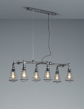 Immagine di Sospensione 6xE27 Industrial Tubi Idraulici Argento Anticato Gotham Trio Lighting