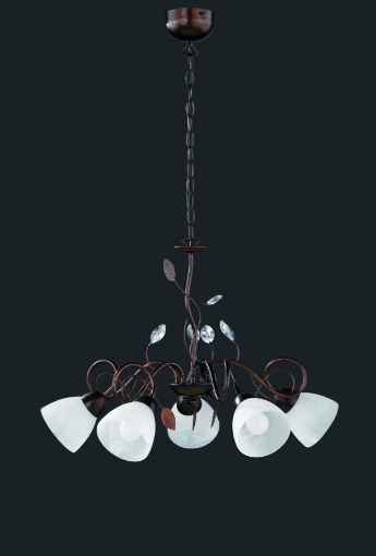 Immagine di Lampadario a Sospensione Rustico Traditio Ruggine 5 Luci Coppe Vetro Alabastro Trio Lighting
