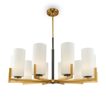 Immagine di Grande Lampadario Moderno Fortano Ottone 10 Paralumi Vetro Bianco Maytoni