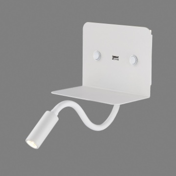Immagine di Applique Comodino Mensola Bianca Con Faretto Led e Porte USB Calma ACB