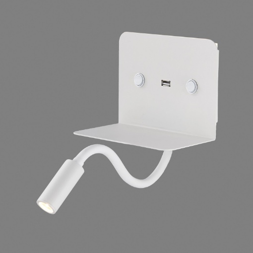 Immagine di Applique Comodino Mensola Bianca Con Faretto Led e Porte USB Calma ACB