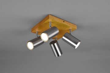 Immagine di Lampada Soffitto Marley Base Legno Con Spot Cilindri Nichel Orientabili Trio