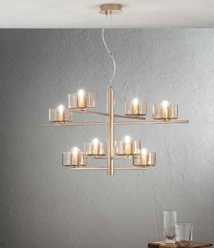 Immagine di Lampadario Soggiorno Oro Coppe Vetro Ambra 8 Luci Figaro Ondaluce