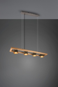 Immagine di Sospensione Industrial Asta Lineare Legno 4 Spot Orientabili Metallo Anticato Bell Trio Lighting
