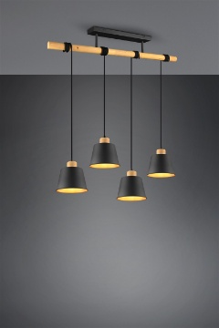 Immagine di Lampadario Barra Legno 4 Paralumi Nero Oro Harris Trio Lighting