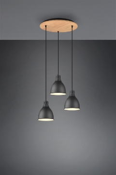 Immagine di Lampadario Sospensione Rotonda Base Legno 3 Pendel Cono Nero Henley Trio Lighting