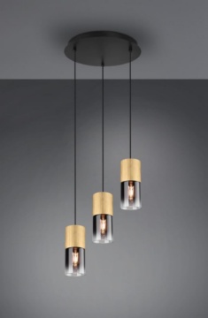 Immagine di Lampadario Rotondo 3 Luci Cilindro Ottone Vetro Fumé Robin Trio Lighting