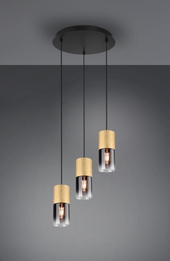 Immagine di Lampadario Rotondo 3 Luci Cilindro Ottone Vetro Fumé Robin Trio Lighting