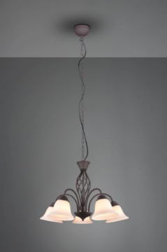 Immagine di Lampadario Sospensione Rustica 5 Luci Ruggine Coppe Vetro Bianco Trio Lighting
