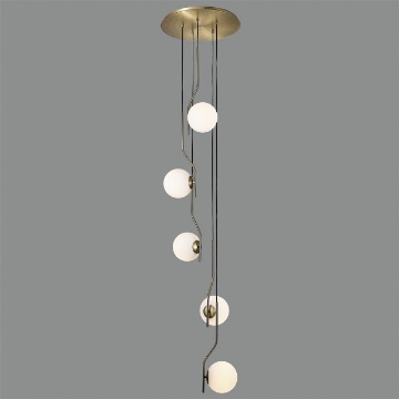 Immagine di Lampadario Salotto Oro Anticato 5 Paralumi Sferici Vetro Opale Maui ACB