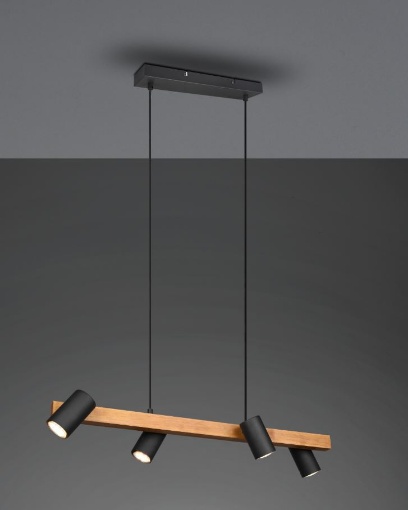 Immagine di Lampada Sospensione Barra Legno 4 Spot Neri Cilindrici Orientabili Marley Trio Lighting