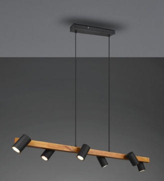 Immagine di Lampadario Binario In Legno Marley Con 6 Faretti Neri Direzionabili Per Tavolo Trio