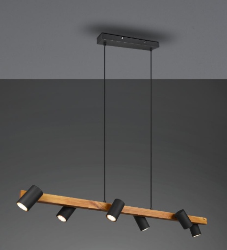 Immagine di Lampadario Binario In Legno Marley Con 6 Faretti Neri Direzionabili Per Tavolo Trio