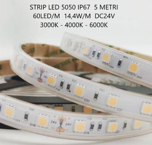 Immagine di Striscia Led 5050 60Led/m 14,4w/m DC24V IP67 Bobina Da 5 mt