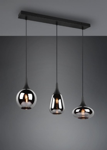 Immagine di Sospensione Isola Cucina 3 Paralumi Vetro Fumé Diverse Forme Lumina Trio Lighting