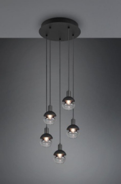 Immagine di Lampada Sospensione Rotonda Moderna 5 Paralumi E14 Vetro Nero Mela Trio Lighting