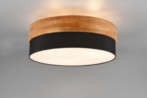 Immagine di Grande Plafoniera Bordo Legno Naturale e Paralume Tessuto Nero Seasons Trio Lighting