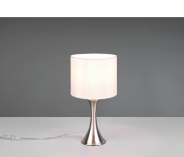 Immagine di Lumetto Tavolo Base Imbuto Nichel e Paralume Tessuto Bianco Sabia Trio Lighting