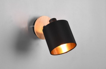 Immagine di Faretto Spot Orientabile Tommy Base Legno con Paralume Nero e Oro Trio Lighting