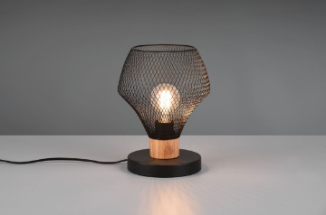 Immagine di Lume Base Rotonda Inserto Legno e Paralume Gabbia Metallio Nero Valeria Trio Lighting