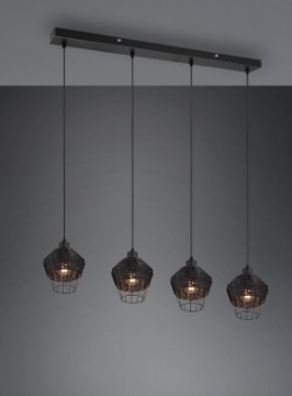 Immagine di Sospensione Lineare 4 Paralumi Reticolato Fibra Finitura Nero Borka Trio Lighting