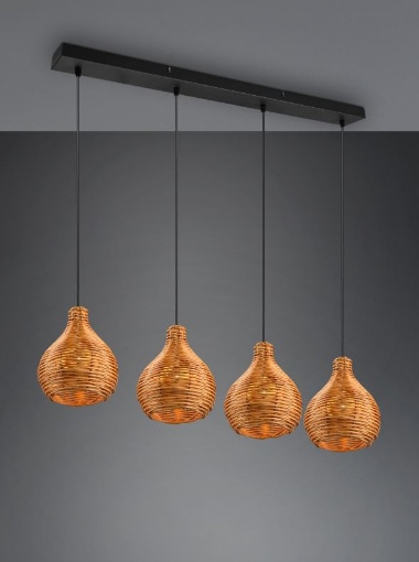 Immagine di Sospensione Lineare 4 Luci con Paralumi Reticolato Rattan Naturale Sprout Trio Lighting
