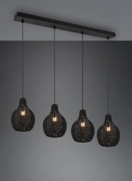 Immagine di Sospensione Lineare Nera 4 Paralumi Reticolato Rattan Naturale Sprout Trio Lighting