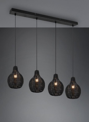 Immagine di Sospensione Lineare Nera 4 Paralumi Reticolato Rattan Naturale Sprout Trio Lighting