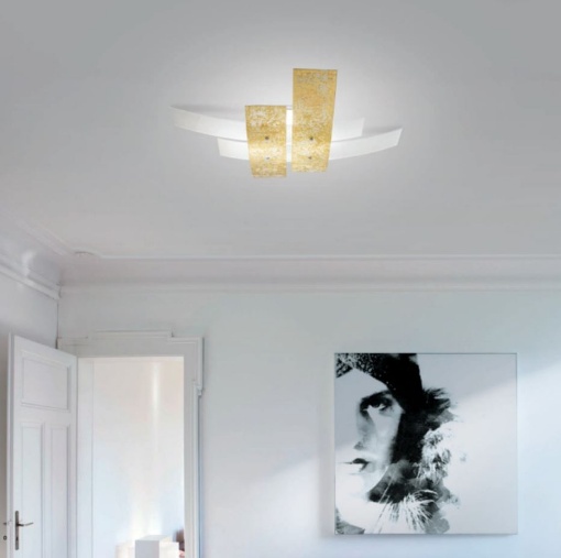 Immagine di Plafoniera Grande Vetro Bianco Foglia Oro Lara 91x91 cm Gea Luce