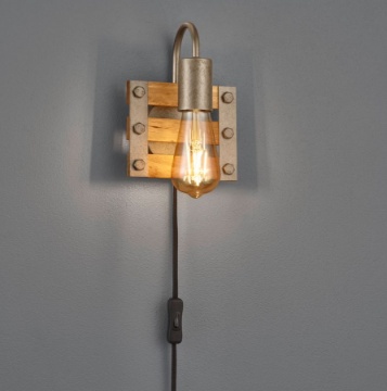 Immagine di Applique Vintage Rustica Legno Khan Nichel Con Cavo Trio Lighting