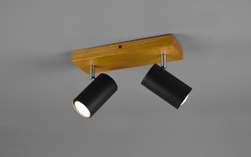 Immagine di Lampada Soffitto 2 Faretti Direzionabili Neri Con Base Legno Marley Trio