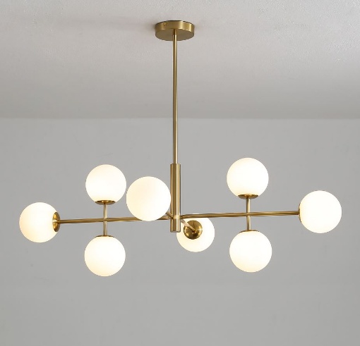 Immagine di Lampadario Doris Oro 8 Sfere Vetro Bianco Per Soggiorno ACB