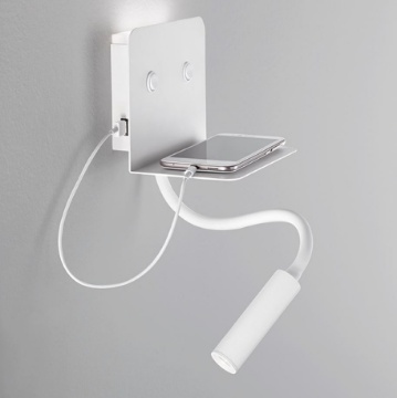 Immagine di Applique Bianco Mensola Led con Faretto Spot e Presa USB Level Perenz