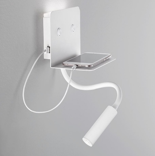 Immagine di Applique Bianco Mensola Led con Faretto Spot e Presa USB Level Perenz