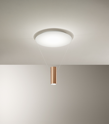Immagine di Plafoniera con Fili e Cilindro Oro Pendente Doppia Emissione Led Hang Perenz 6798 OR LC