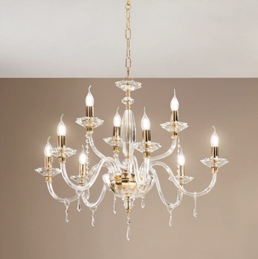 Immagine di Lampadario 9 Luci In Vetro E Cristallo Fiamma Ondaluce Ciciriello