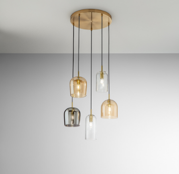 Immagine di Lampadario Ottone Per Soggiorno 5 Luci Vetri Colorati Trasparente Ambra Fumé Coro Perenz
