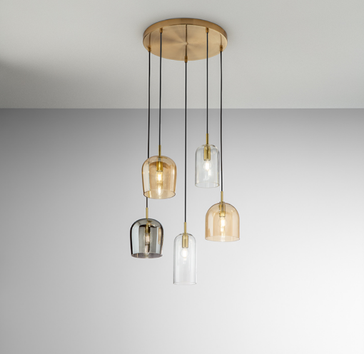 Immagine di Lampadario Ottone Per Soggiorno 5 Luci Vetri Colorati Trasparente Ambra Fumé Coro Perenz