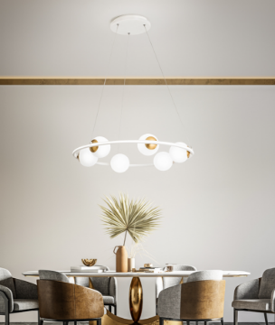 Immagine di Lampadario Bianco Ottone Cerchio con Sfere Vetro Led 80w 3000k Ball Perenz