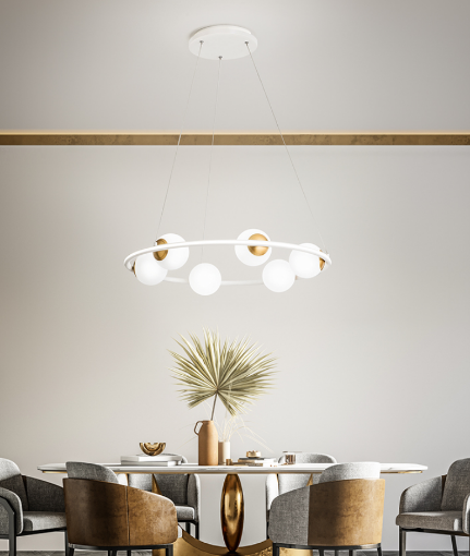 Immagine di Lampadario Bianco Ottone Cerchio con Sfere Vetro Led 80w 3000k Ball Perenz