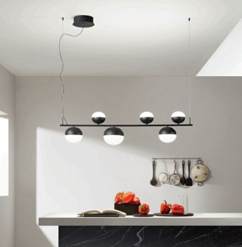 Immagine di Lampadario 6 Luci Nero Led 49w 3000k Sfere Vetro Per Salotto Mali Ondaluce