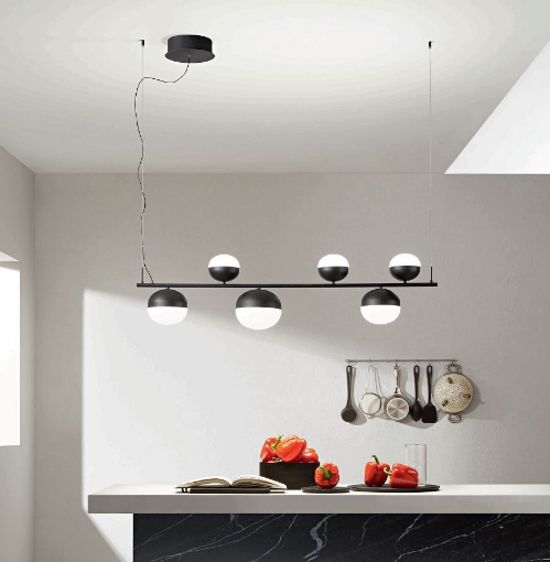 Immagine di Lampadario 6 Luci Nero Led 49w 3000k Sfere Vetro Per Salotto Mali Ondaluce